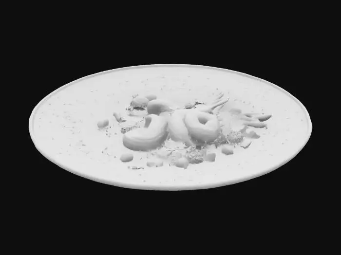 3D model for Auf einem eleganten Teller liegen perfekt gebratene Shrimps, goldbraun und zart. Umhüllt von Knoblauch, frischen Kräutern wie Rosmarin und einem Hauch Zitronensaft, bieten sie eine feine Mischung aus Aromen. Das Gericht wird mit gerösteten Pinienkernen, einem Spritzer frischem Zitronensaft und einer cremigen Weißweinsauce verfeinert. Mit Kaviar, frischer Petersilie und essbaren Blumen garniert, ist es ein luxuriöses Festmahl für die Sinne