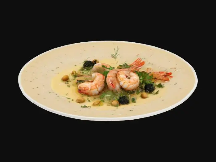 3D model for Auf einem eleganten Teller liegen perfekt gebratene Shrimps, goldbraun und zart. Umhüllt von Knoblauch, frischen Kräutern wie Rosmarin und einem Hauch Zitronensaft, bieten sie eine feine Mischung aus Aromen. Das Gericht wird mit gerösteten Pinienkernen, einem Spritzer frischem Zitronensaft und einer cremigen Weißweinsauce verfeinert. Mit Kaviar, frischer Petersilie und essbaren Blumen garniert, ist es ein luxuriöses Festmahl für die Sinne