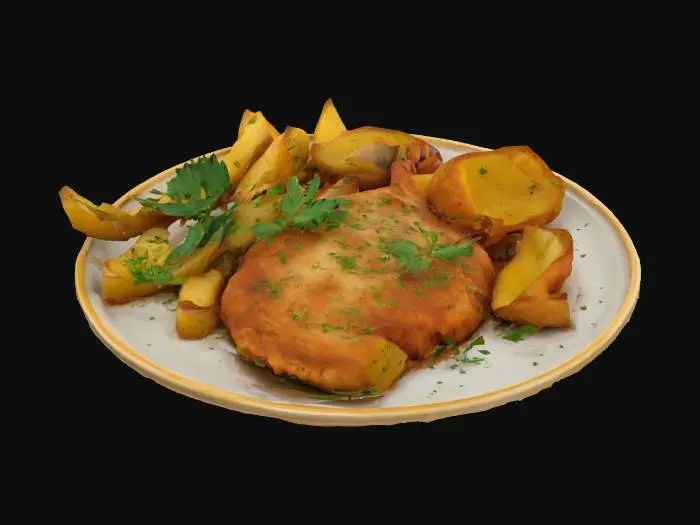 3D model for schnitzel mit kartoffeln und pasilikon auf einem teller 