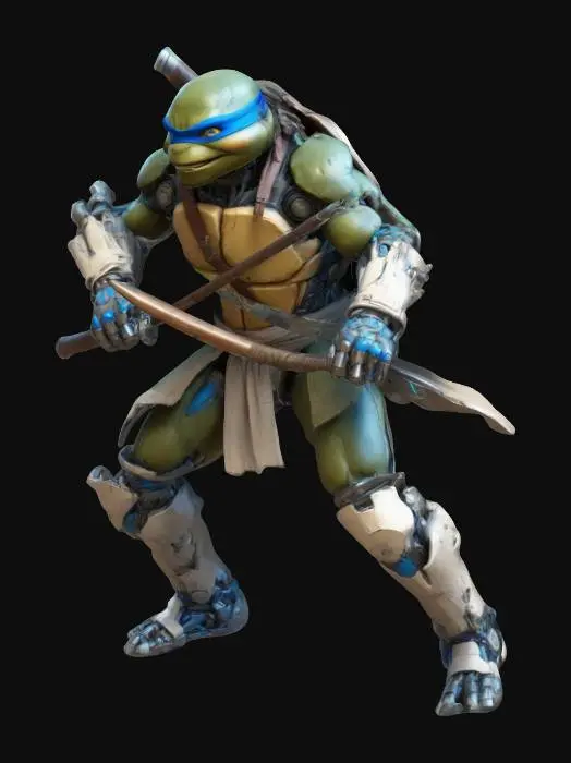 3D model for create Leonardo from TMNT in a fighting pose with his staff in a futuristic style with mecha details. Game Assets, Fantasy, Steampunk