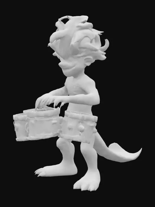 3D model for a lava monster with long hair, a beautiful face, playing big drums in his hands, a cartoon-like image