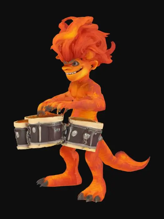 3D model for a lava monster with long hair, a beautiful face, playing big drums in his hands, a cartoon-like image