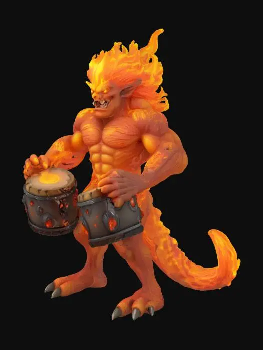 3D model for a lava monster with long hair, a beautiful face, playing big drums in his hands, a cartoon-like image