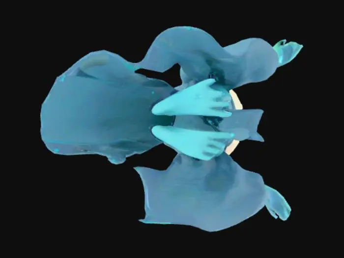 3D model for A mysterious water Djinn rising from a desert oasis. Its body is made of flowing water, rippling reflections, and mist, with turquoise glowing eyes. Parts of it resemble a human shape but constantly shift into waves and droplets. Palm trees bend unnaturally as it emerges, and the sand around the oasis is wet and darkened by its presence. Ethereal, mystical, semi-transparent, fantasy art with shimmering aquatic textures.