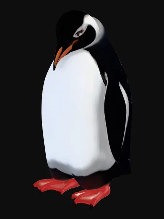 3D model for Hyper-realistic 3D model of an Adélie penguin, fully rigged and optimized for Unreal Engine 5. Anatomically accurate proportions, featuring the distinctive white ring around the eyes, red base of the bill, and sleek black back and head. High-fidelity PBR textures with Albedo, Normal, Roughness, and Ambient Occlusion maps. The feathers should have a dense, highly detailed, and slightly ruffled appearance to convey survival in a harsh, snow-covered arctic environment, with subtle frost clinging to the lower plumage. Realistic subsurface scattering for the beak and webbed feet. Photorealistic, cinematic lighting, pristine edge loops, and clean topology ready for complex walking, sliding, and swimming animations.