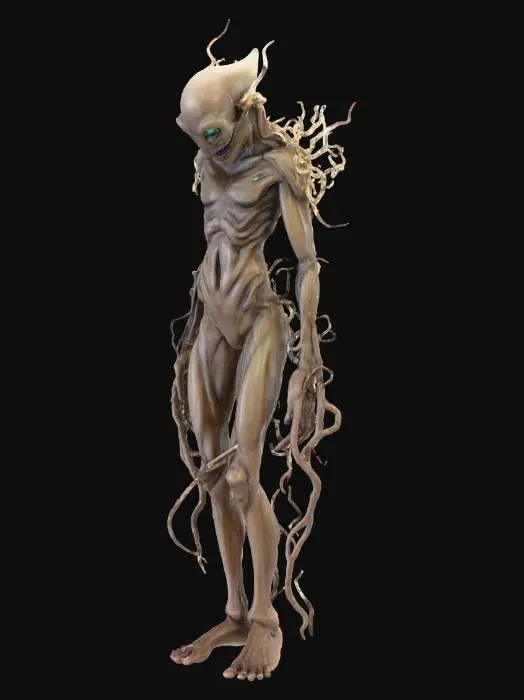 3D model for Un'entità umanoide corrotta, il cui corpo è una massa sinuosa di fango scuro e gas etereo che si agita costantemente. La pelle, di un marrone terroso e malato, presenta crepe da cui fuoriescono luminescenze verdi velenose e volute di nebbia densa. Le sue fattezze sono distorte e sofferte, con arti allungati e una postura contorta, la superficie è viscida e granulosa al tatto, con una lucentezza umida., #Halloween2025#