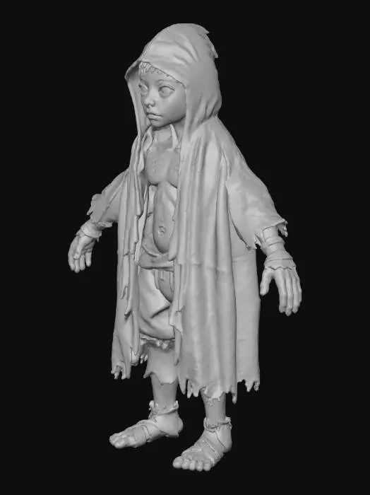 3D model for Young malnourished boy character age 7-8 years old, extremely thin and frail body, 
gaunt hollow cheeks, sunken eyes with dark circles, pale sickly skin, 
visible ribcage showing through clothes, skinny arms and legs, 
worn torn hooded cloak with holes, ragged dirty medieval peasant clothes, 
faded gray-brown fabric, patched sleeves, oversized hood covering face, 
bare dirty feet or broken worn shoes, hunched posture showing weakness, 
sad defeated expression, look of starvation and grief, 
orphan child survivor aesthetic, post-tragedy appearance,
low poly game model, dark gritty fantasy style, full body character, 
T-pose for rigging, game-ready 3D asset