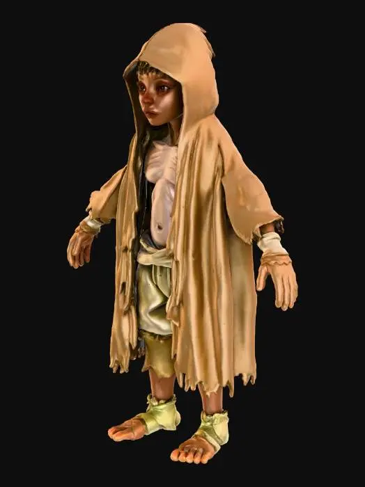 3D model for Young malnourished boy character age 7-8 years old, extremely thin and frail body, 
gaunt hollow cheeks, sunken eyes with dark circles, pale sickly skin, 
visible ribcage showing through clothes, skinny arms and legs, 
worn torn hooded cloak with holes, ragged dirty medieval peasant clothes, 
faded gray-brown fabric, patched sleeves, oversized hood covering face, 
bare dirty feet or broken worn shoes, hunched posture showing weakness, 
sad defeated expression, look of starvation and grief, 
orphan child survivor aesthetic, post-tragedy appearance,
low poly game model, dark gritty fantasy style, full body character, 
T-pose for rigging, game-ready 3D asset