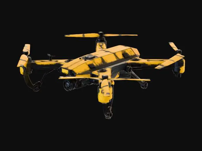 3D model for futuristic, worn out, stained, yellow and black colored defense drone