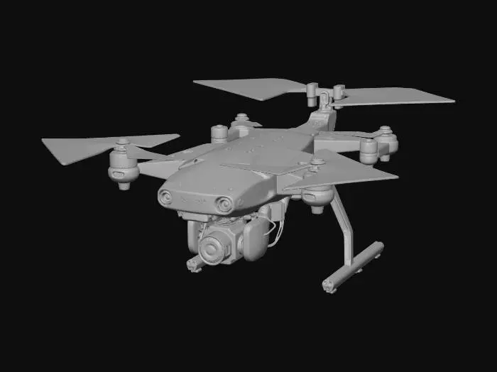 3D model for futuristic, worn out, stained, yellow and black colored recon drone