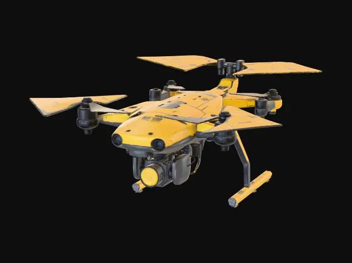 3D model for futuristic, worn out, stained, yellow and black colored recon drone