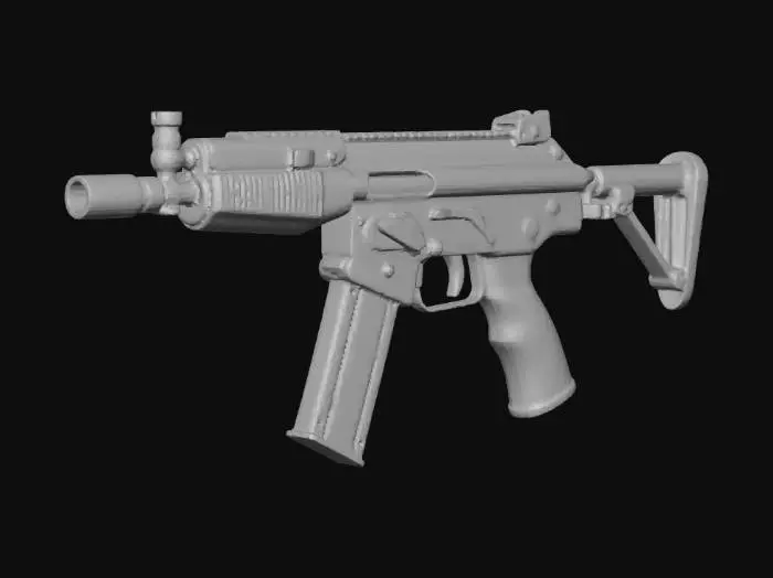 3D model for steampunk, used, worn out, blue and orange colored sci-fi uzi