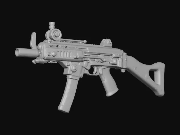 3D model for steampunk, used, worn out, blue and orange colored sci-fi uzi