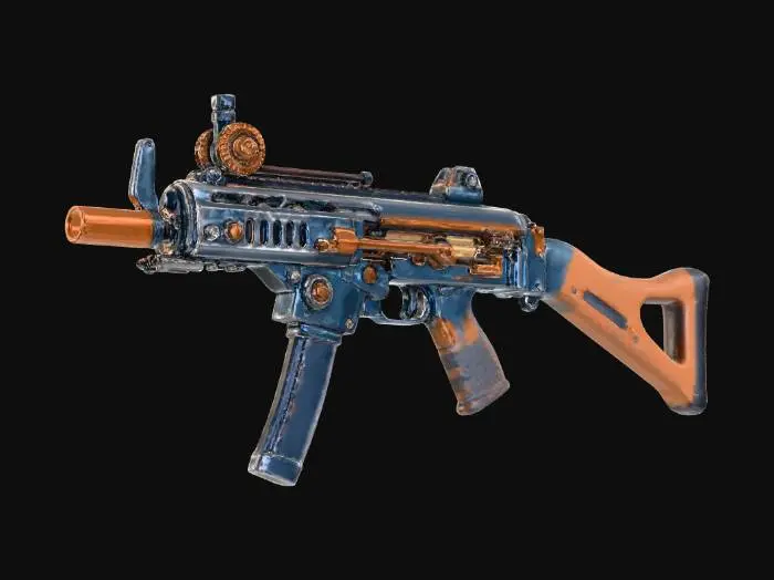 3D model for steampunk, used, worn out, blue and orange colored sci-fi uzi
