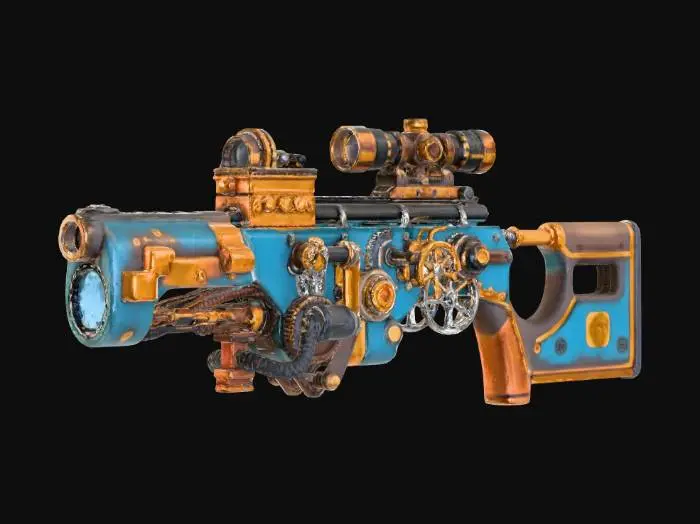 3D model for steampunk, used, worn out, blue and orange colored sci-fi sniper rifle