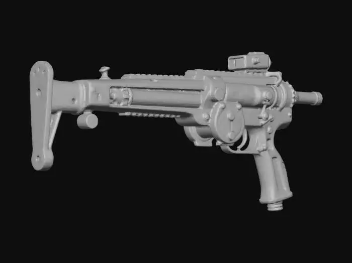 3D model for steampunk, used, blue and orange colored sci-fi submachine gun