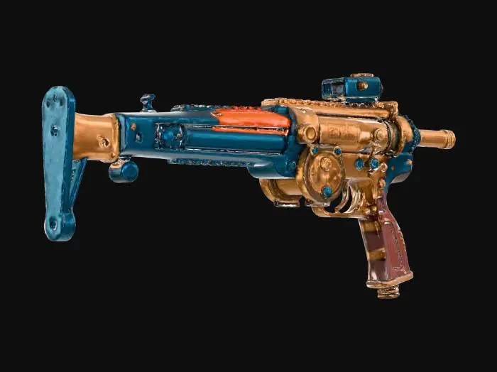 3D model for steampunk, used, blue and orange colored sci-fi submachine gun