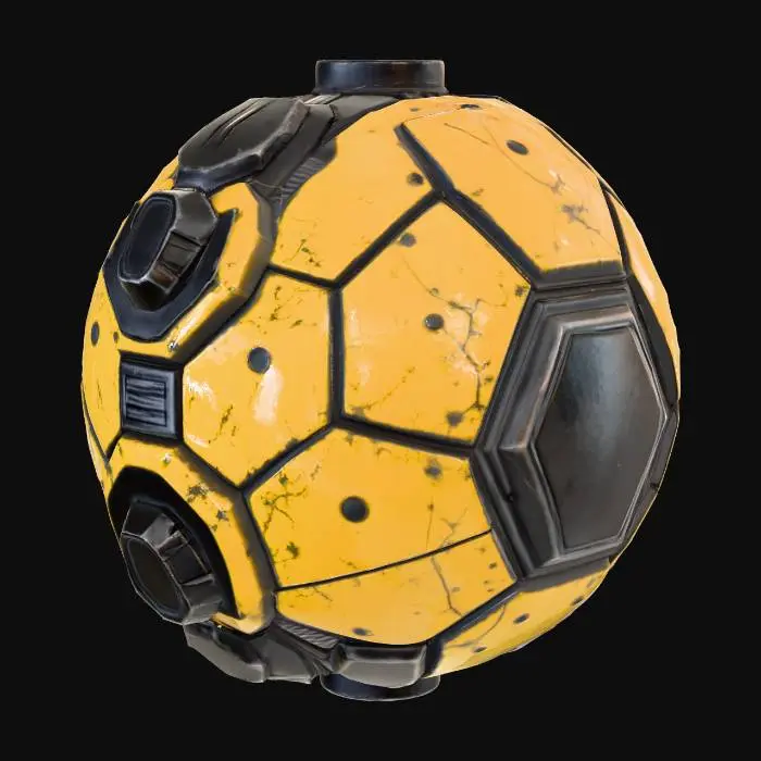 3D model for futuristic, worn out, stained, yellow and black colored combat orb
