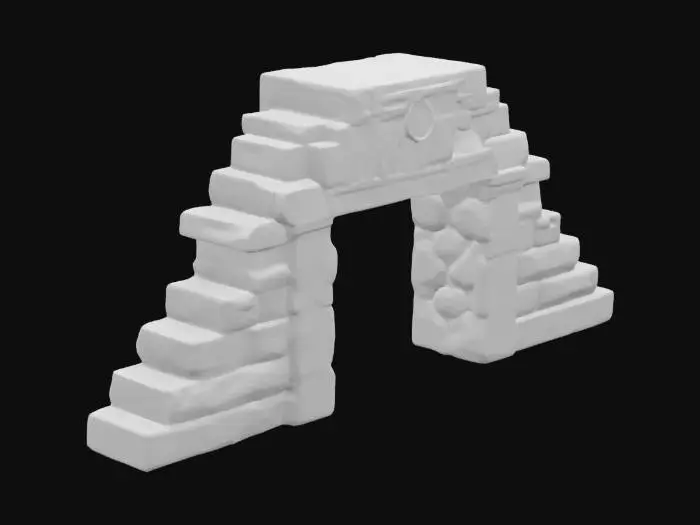 3D model for Ceremonial arch made entirely of Aztec culture forms, inspired by its architecture, with surfaces covered with Aztec materials and signs of oxidation. The structure is worn and irregular, with engraved Aztec symbols and motifs. Its shape suggests an ancient ritual use, with worn details that allude to a forgotten craft.