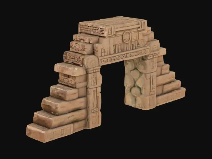 3D model for Ceremonial arch made entirely of Aztec culture forms, inspired by its architecture, with surfaces covered with Aztec materials and signs of oxidation. The structure is worn and irregular, with engraved Aztec symbols and motifs. Its shape suggests an ancient ritual use, with worn details that allude to a forgotten craft.