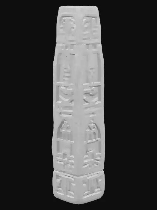 3D model for A slender Aztec ceremonial stele made entirely with Aztec culture forms, inspired by their funerary rituals. The structure is made of stone, worn and irregular, with engraved Aztec funerary symbols and motifs. Its shape suggests an ancient ritual use that alludes to a forgotten belief.