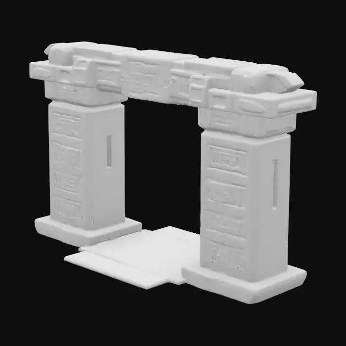 3D model for Ceremonial arch made entirely with forms of the Aztec culture, inspired by the main temple, with surfaces covered with Aztec materials and signs of oxidation. The structure is worn and irregular, with engraved Aztec symbols and motifs. Its shape suggests an ancient ritual use, with worn details that allude to a forgotten craft.