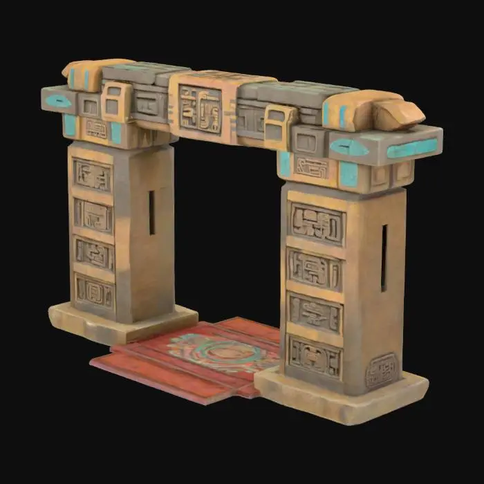3D model for Ceremonial arch made entirely with forms of the Aztec culture, inspired by the main temple, with surfaces covered with Aztec materials and signs of oxidation. The structure is worn and irregular, with engraved Aztec symbols and motifs. Its shape suggests an ancient ritual use, with worn details that allude to a forgotten craft.