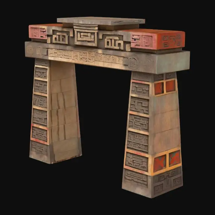 3D model for Ceremonial arch made entirely with forms of the Aztec culture, inspired by the main temple, with surfaces covered with Aztec materials and signs of oxidation. The structure is worn and irregular, with engraved Aztec symbols and motifs. Its shape suggests an ancient ritual use, with worn details that allude to a forgotten craft.