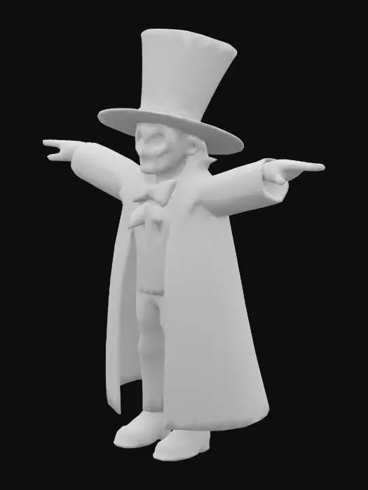 3D model for PS1 style ring master character with a tall red top hat that has a darker red ring at it's base. A long red coat with the same red/dark red theme. A nice red button up shirt underneath with a red bowtie. Black and white stripped pants. Black gloves, and red shoes. His head and neck should be solid black. Wearing a white spooky mask with a creepy painted (todd mcfarlane) inspired smile and glowing orange eyes. 320x240 pixel resolution. Model face count should be between 100 to 500. T-Pose. Game Asset.