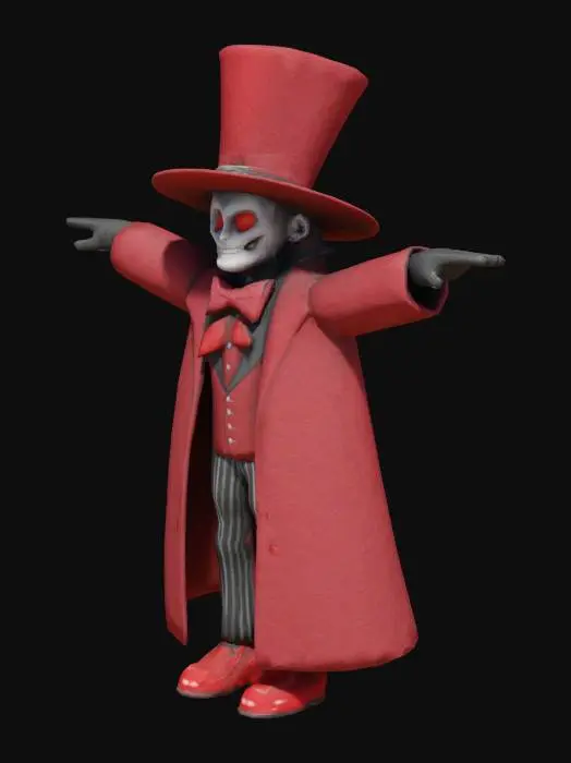 3D model for PS1 style ring master character with a tall red top hat that has a darker red ring at it's base. A long red coat with the same red/dark red theme. A nice red button up shirt underneath with a red bowtie. Black and white stripped pants. Black gloves, and red shoes. His head and neck should be solid black. Wearing a white spooky mask with a creepy painted (todd mcfarlane) inspired smile and glowing orange eyes. 320x240 pixel resolution. Model face count should be between 100 to 500. T-Pose. Game Asset.