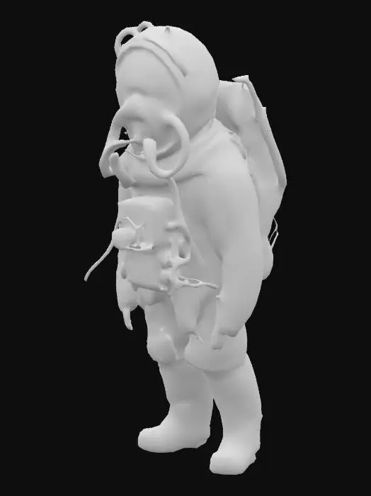 3D model for a male human character in an apollo space suit the helmet glass broken in and showing a swollen blob inside with veins mucus all over it instead of a head , and alien like fleshy tentacles  wrapped around the helmet, the tentacles have teeth like spikes comming out of them, the character has normal sized limbs , the character is 180cm tall