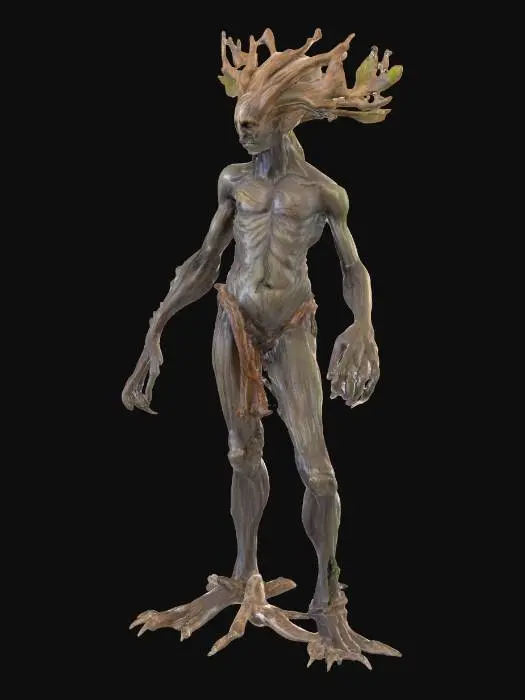 3D model for a cursed ancient male  elder wood dryad with scuffed bark skin 