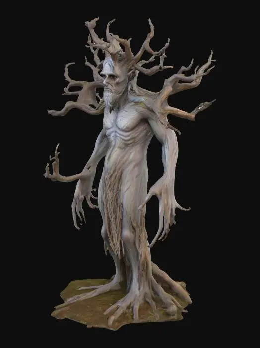 3D model for a cursed ancient male  elder wood dryad with scuffed bark skin 