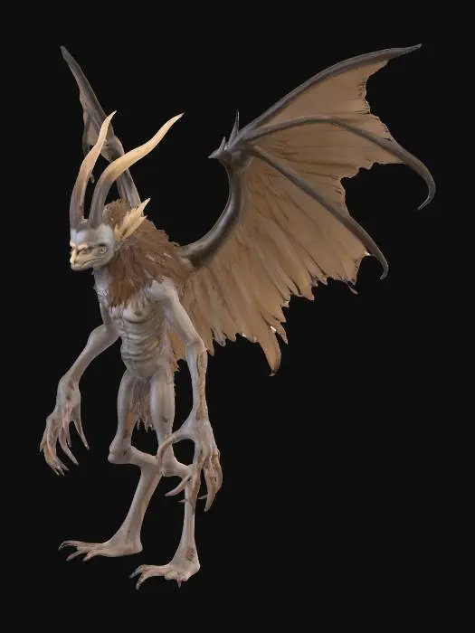 3D model for A mythical harpy , skinny faded brown feathers and greyish skin color, with sharp long claws on her feet , with a female human head with long messy hair. Just the head is human the rest of the body is a harpy