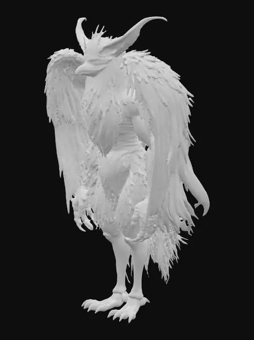 3D model for A mythical harpy , skinny faded brown feathers and greyish skin color, with sharp long claws on her feet , with a female human head with long messy hair. Just the head is human with human facial features, the rest of the body is a harpy
