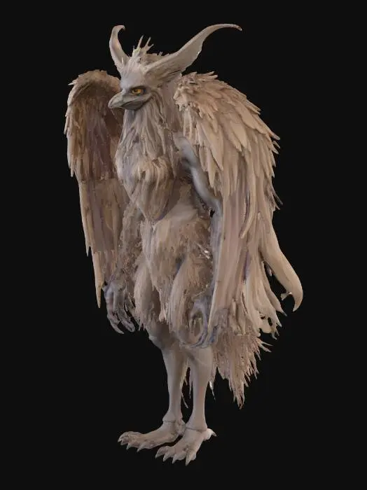 3D model for A mythical harpy , skinny faded brown feathers and greyish skin color, with sharp long claws on her feet , with a female human head with long messy hair. Just the head is human with human facial features, the rest of the body is a harpy
