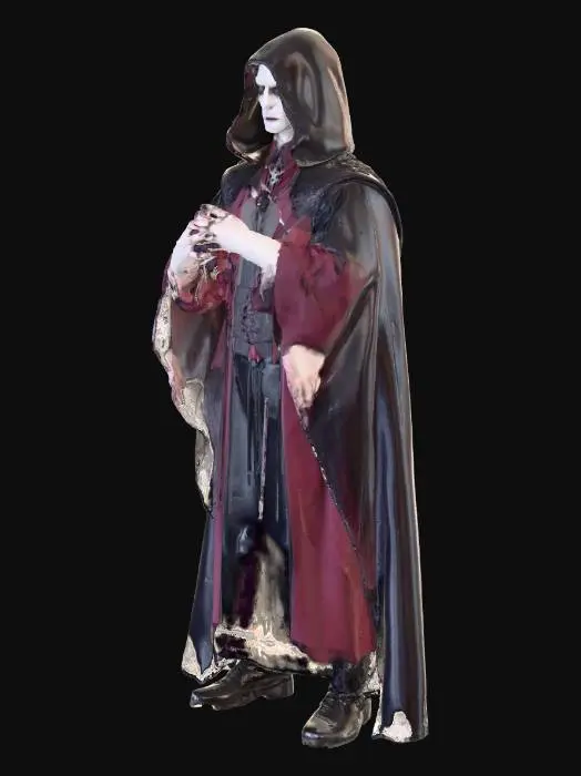 3D model for A male vampire necromancer in burgundy and black gothic clothing . He has pale skin and long sharp fingernails.