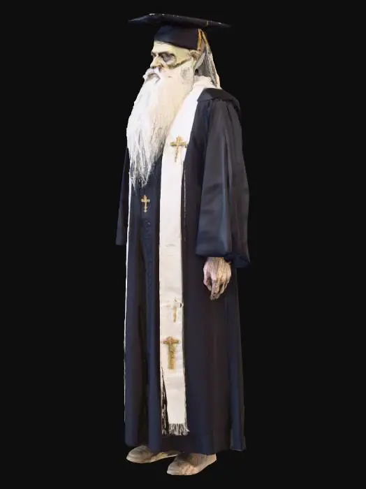 3D model for A standing figure of an elderly zombie man, resembling a scholar or clergyman, with a prominent white, voluminous beard and a stern expression. He wears a black academic cap, a black floor-length robe with wide sleeves, and a white pleated ruff. Over the robe is a white stole adorned with gold embroidered crosses and fringed ends. With scratch deep scratches on his body.