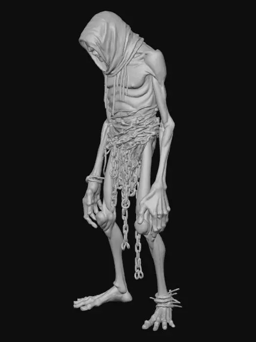 3D model for A standing tall human like male, extreamly skinny figure, really Hunchback , the spine bulges out of his back very visibly, unusually long arms and legs, the arms so long it tuches the ground and he is standing on all four . his body wrapped arround with heavy rusty chains, the head is covered with a sturdy old sack , its dirty and big long rebarbs stuck trough the sack