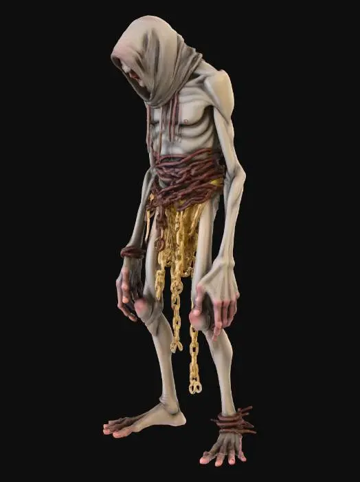 3D model for A standing tall human like male, extreamly skinny figure, really Hunchback , the spine bulges out of his back very visibly, unusually long arms and legs, the arms so long it tuches the ground and he is standing on all four . his body wrapped arround with heavy rusty chains, the head is covered with a sturdy old sack , its dirty and big long rebarbs stuck trough the sack