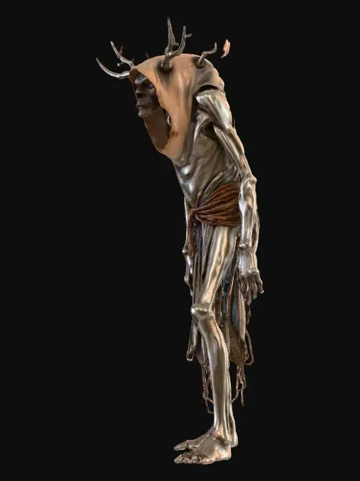 3D model for A standing tall human like male, extreamly skinny figure, really Hunchback , the spine bulges out of his back very visibly, leaning forward unusually long arms and legs, the arms so long it tuches the ground and he is  leaning on the ground with his hands . his body wrapped arround with heavy rusty chains, the head is covered with a sturdy old sack the face is not visible , its dirty , big long rebarbs stuck trough the sack and head