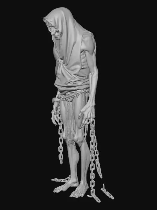 3D model for A standing tall human like male, greyish pale skin, extreamly skinny figure, really Hunchback , the spine bulges out of his back very visibly, leaning forward unusually long arms and legs, the arms so long it tuches the ground and he is  leaning on the ground with his hands . his body wrapped arround with heavy brown rusty chains, the head is covered with a sturdy old sack it covering the whole head, the face is not visible , its dirty , big long nails stuck trough the sack and head
