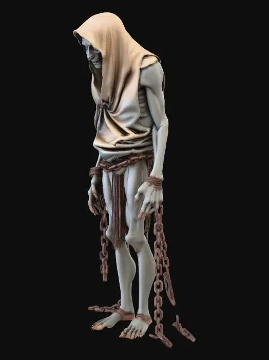 3D model for A standing tall human like male, greyish pale skin, extreamly skinny figure, really Hunchback , the spine bulges out of his back very visibly, leaning forward unusually long arms and legs, the arms so long it tuches the ground and he is  leaning on the ground with his hands . his body wrapped arround with heavy brown rusty chains, the head is covered with a sturdy old sack it covering the whole head, the face is not visible , its dirty , big long nails stuck trough the sack and head