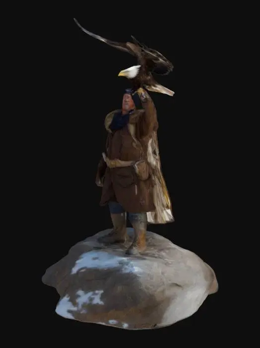 3D model for On a windswept peak, a man raises his arm, welcoming the descent of a mighty eagle. Their connection is silent yet profound—a partnership built on trust and respect. Together, they symbolize the enduring link between humanity and the wild, a shared yearning for freedom and harmony.