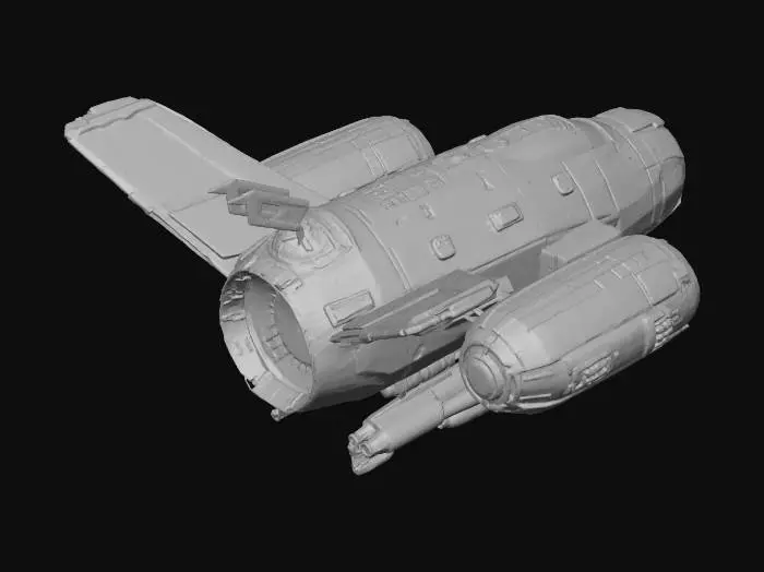 3D model for A dark cyberpunk flying transport verhicle, primary color is dark grey and seconday color is dark blue