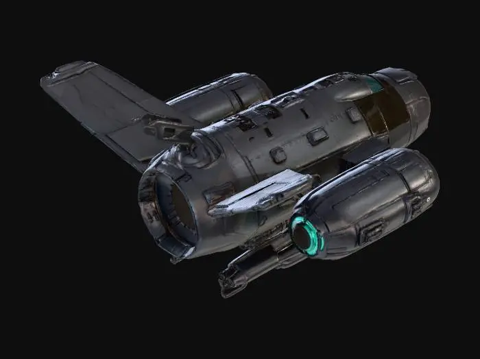 3D model for A dark cyberpunk flying transport verhicle, primary color is dark grey and seconday color is dark blue