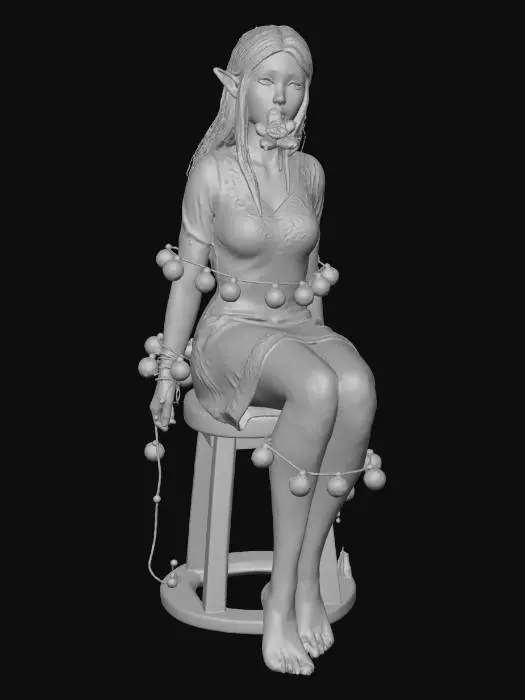 3D model for Beautyful female elf. hog tied with lit Christmas ornaments gaged with a cookie