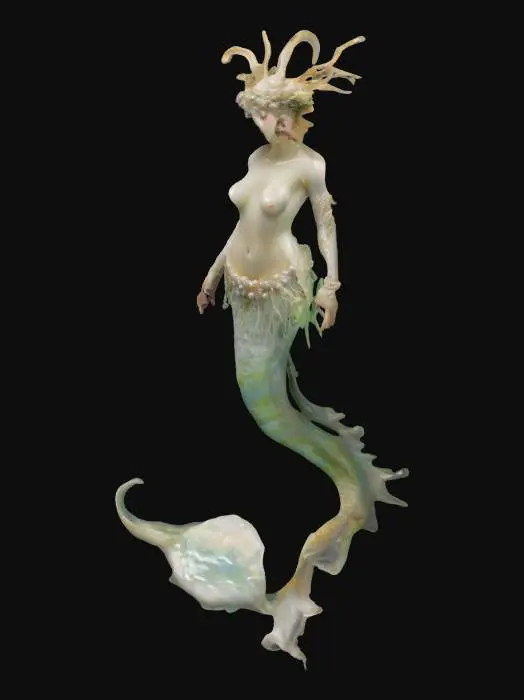 3D model for Una ninfa acuática con piel perlada y cabello largo flotando en el agua, adornado con algas y perlas. Una concha grande.