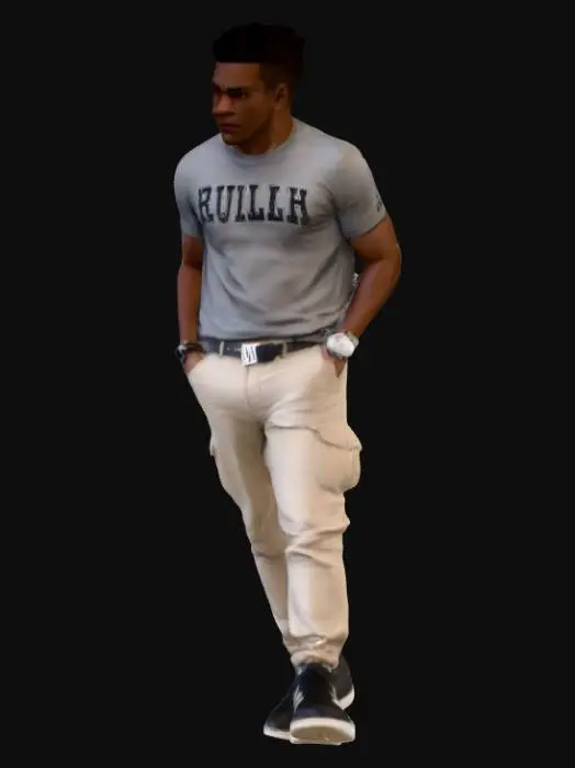 3D model for create franklin saint in snowfall, he wears a ralph lauren t-shirt , beige pants, black samba adiddas sneakers, and silver casio watch in his left hand 
