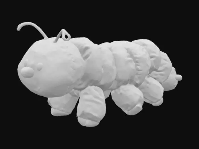 3D model for A stuffed caterpillar toy with segmented body and mismatched colors. Each segment has a tiny smiling face, but one face has no mouth. Pastel colors, slightly dirty, stitched seams exposed.

